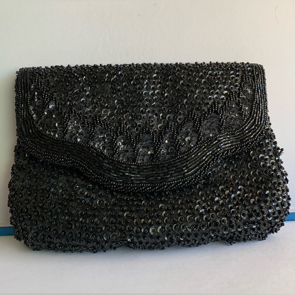 Vintage Black Sequined Beaded Flap Clutch Mini bag - Picture 2 of 10